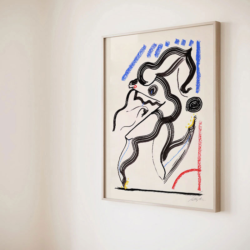 Decorative painting with recreated lines of a moving human figure