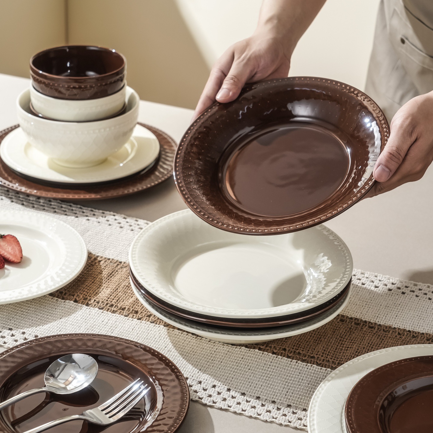 Mid-century style embossed ceramic tableware set, household ceramic underglaze color tableware