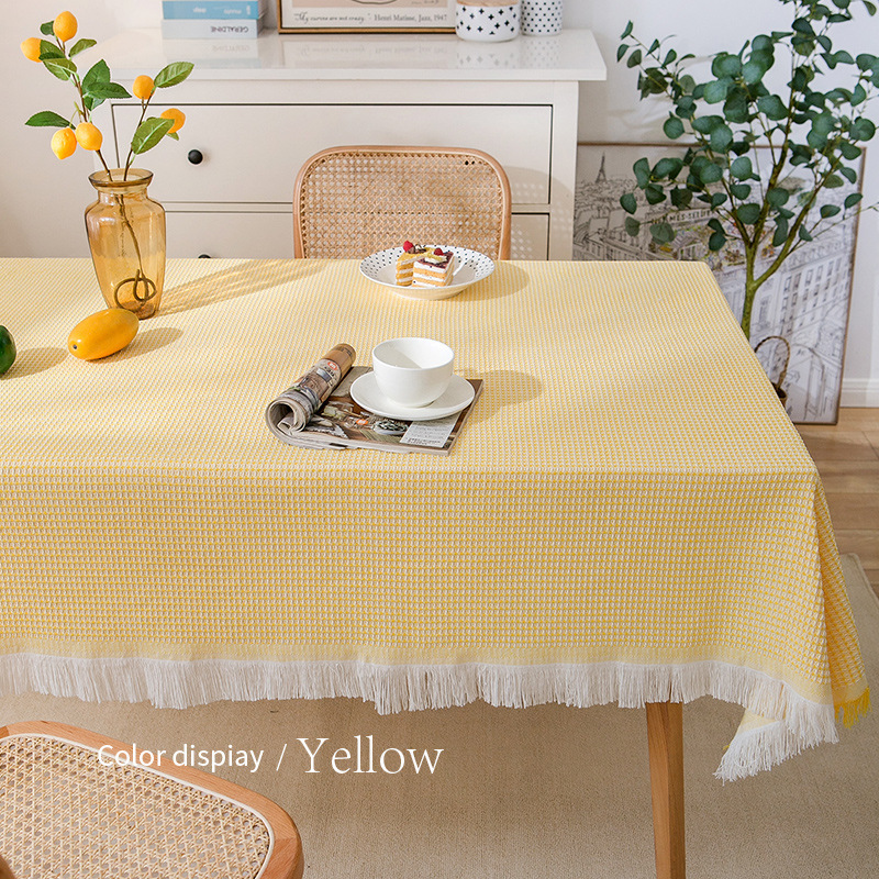 Coffee table cloth with tassels, wear-resistant tablecloth, dust-proof waffle tablecloth, round tablecloth