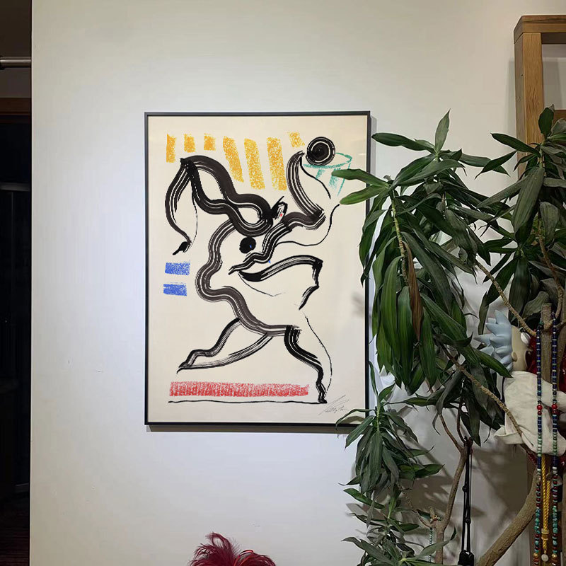 Decorative painting with recreated lines of a moving human figure