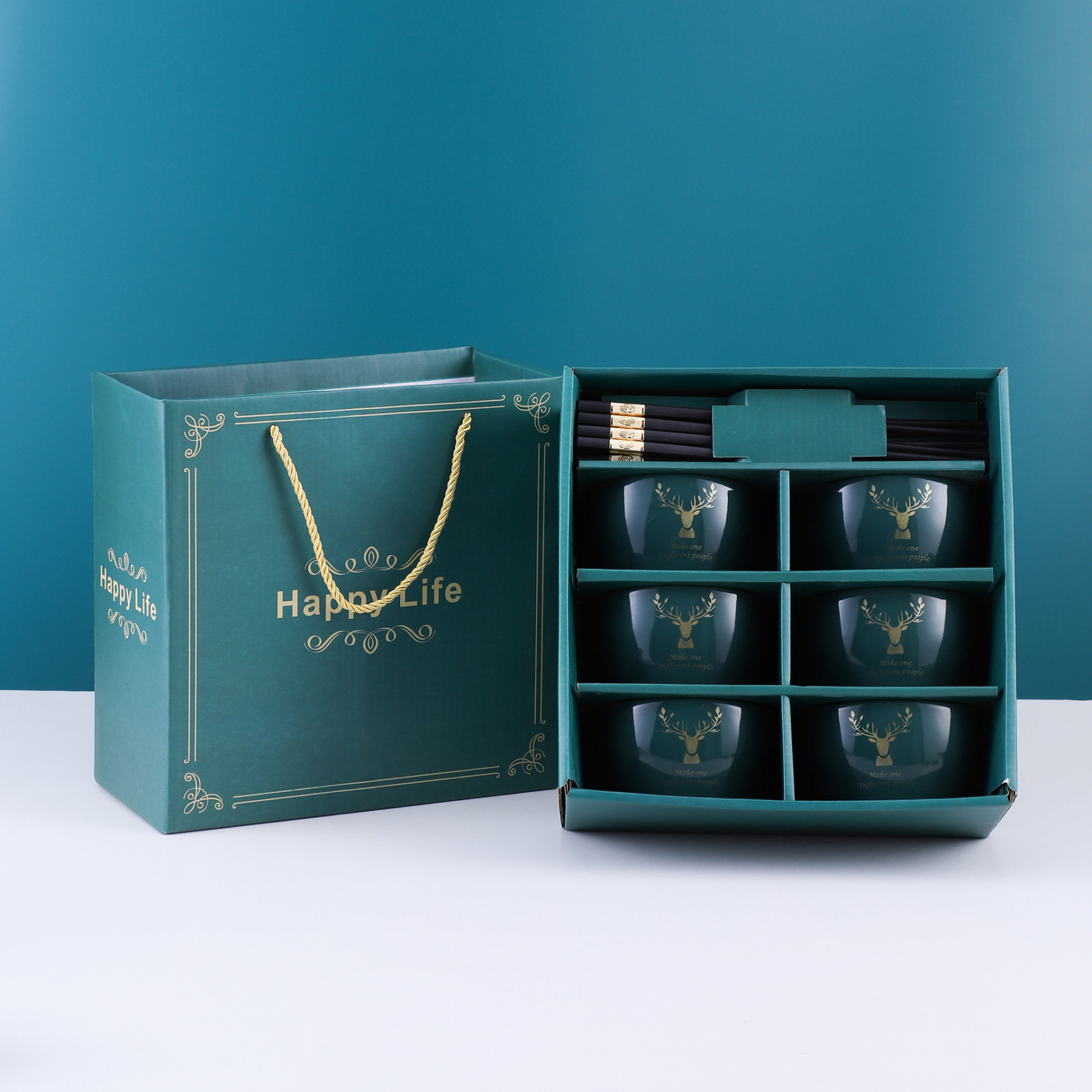 Ceramic tableware set including bowls and chopsticks