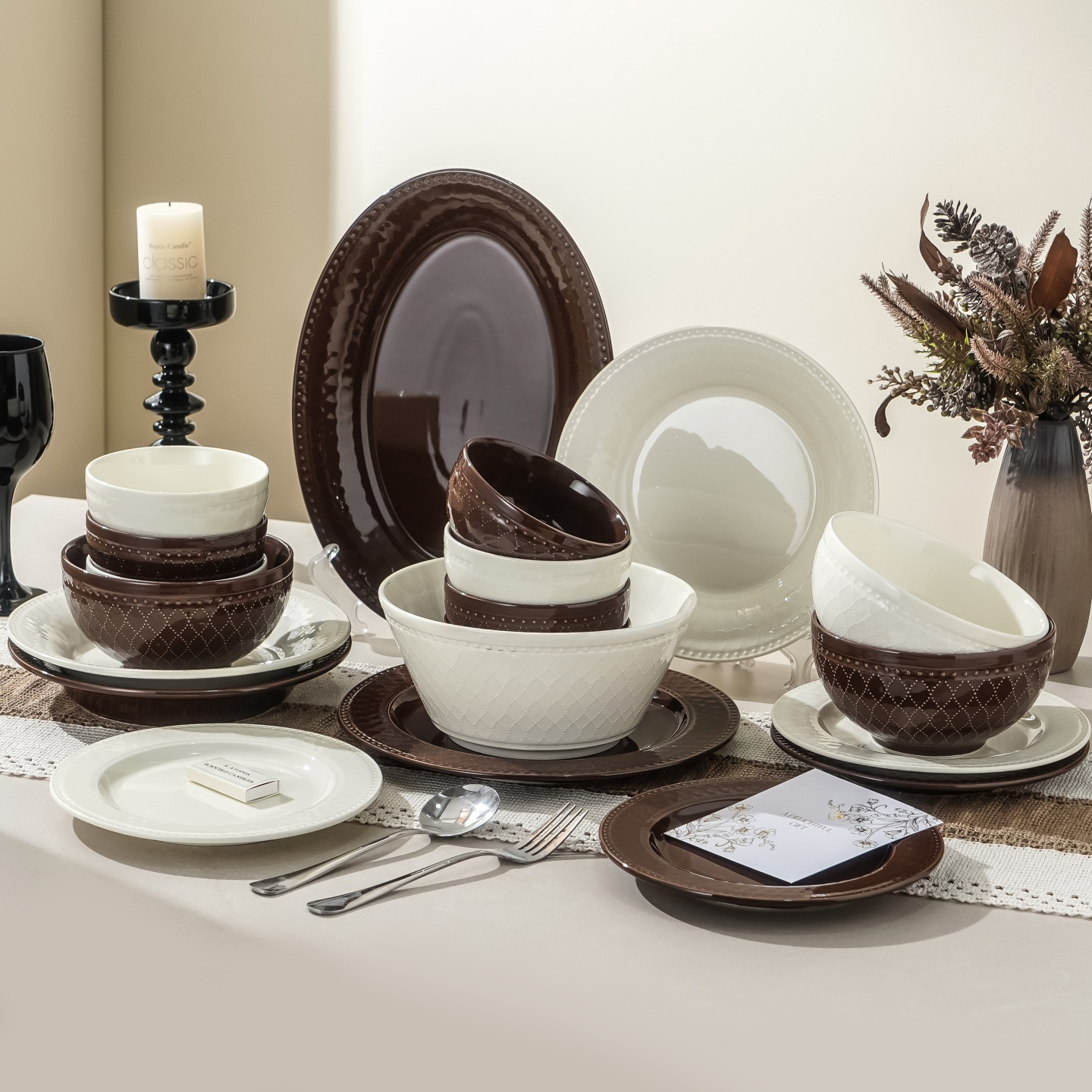 Mid-century style embossed ceramic tableware set, household ceramic underglaze color tableware