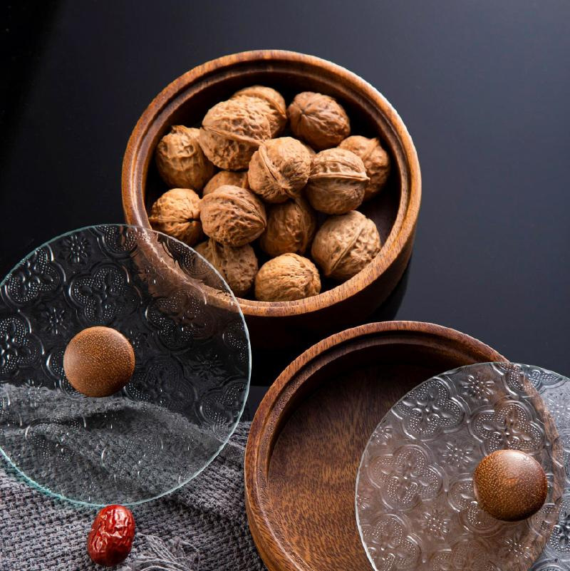 Japanese-style Begonia Glass Walnut Wood Fruit Plate
