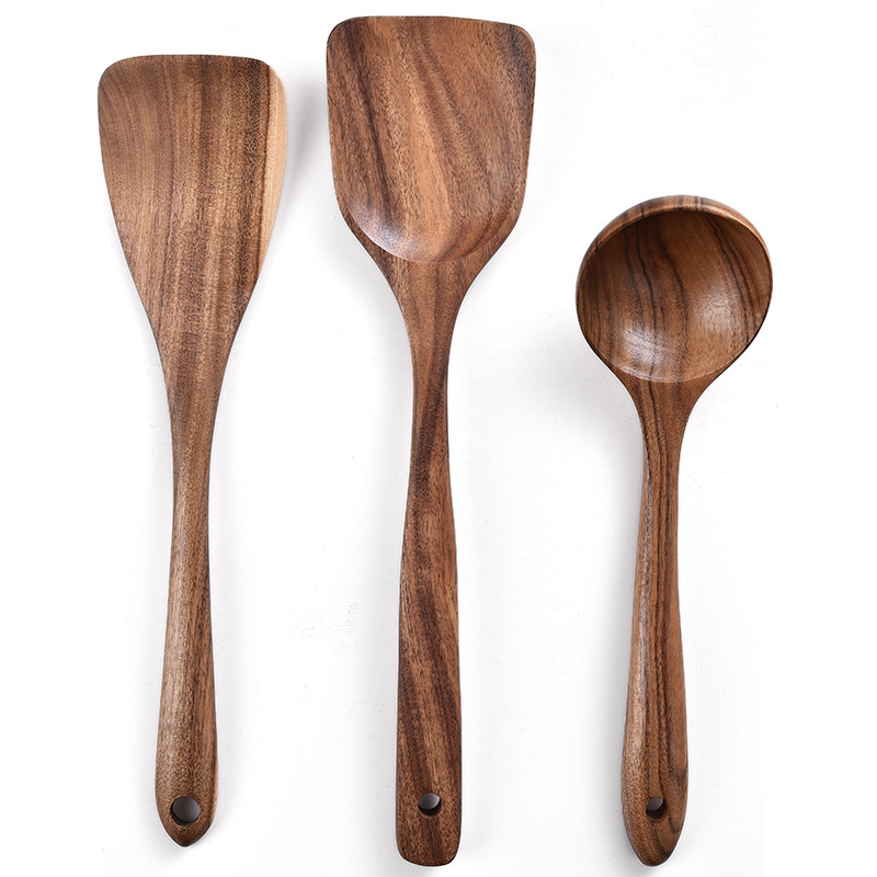 Seven-piece teak cooking spatula and spoon set: long-handled wooden kitchen utensils for non-stick pans