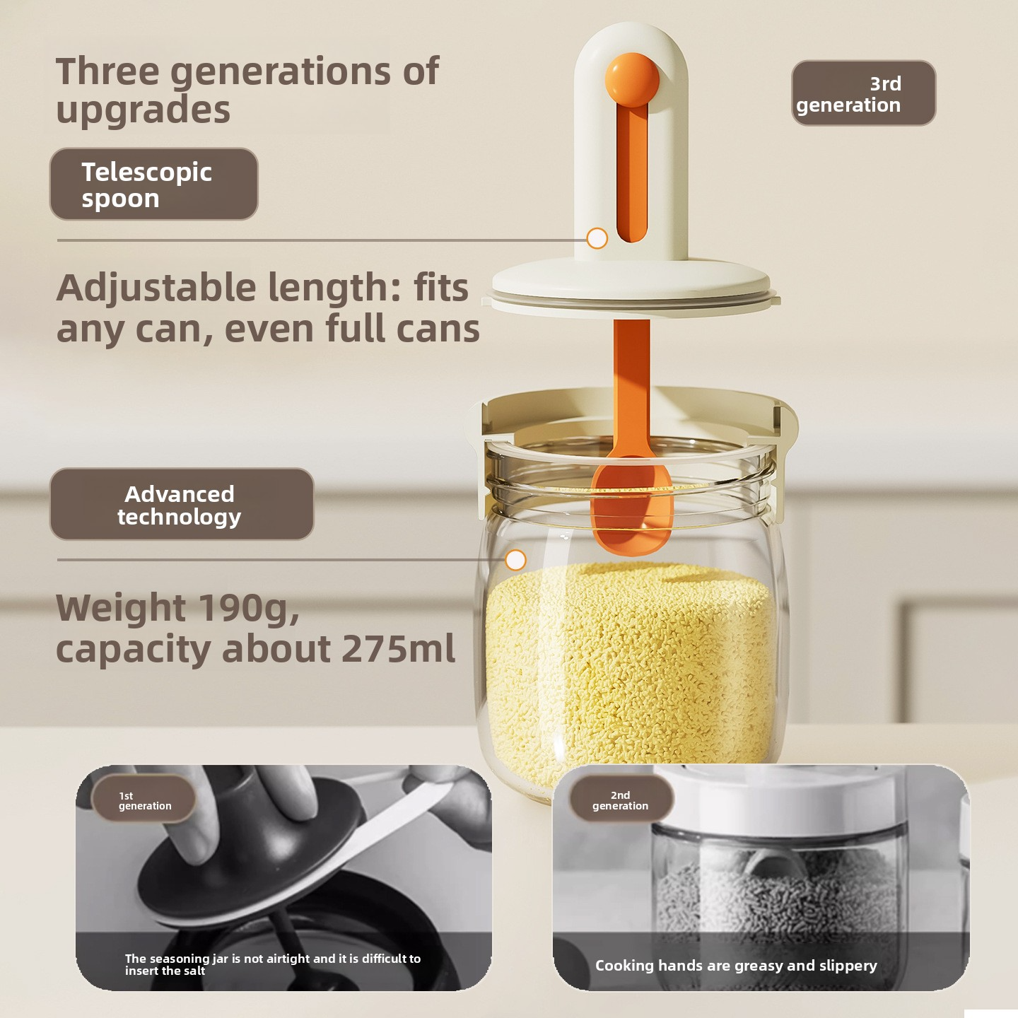 Telescopic condiment jar with integrated spoon and lid, condiment bottle