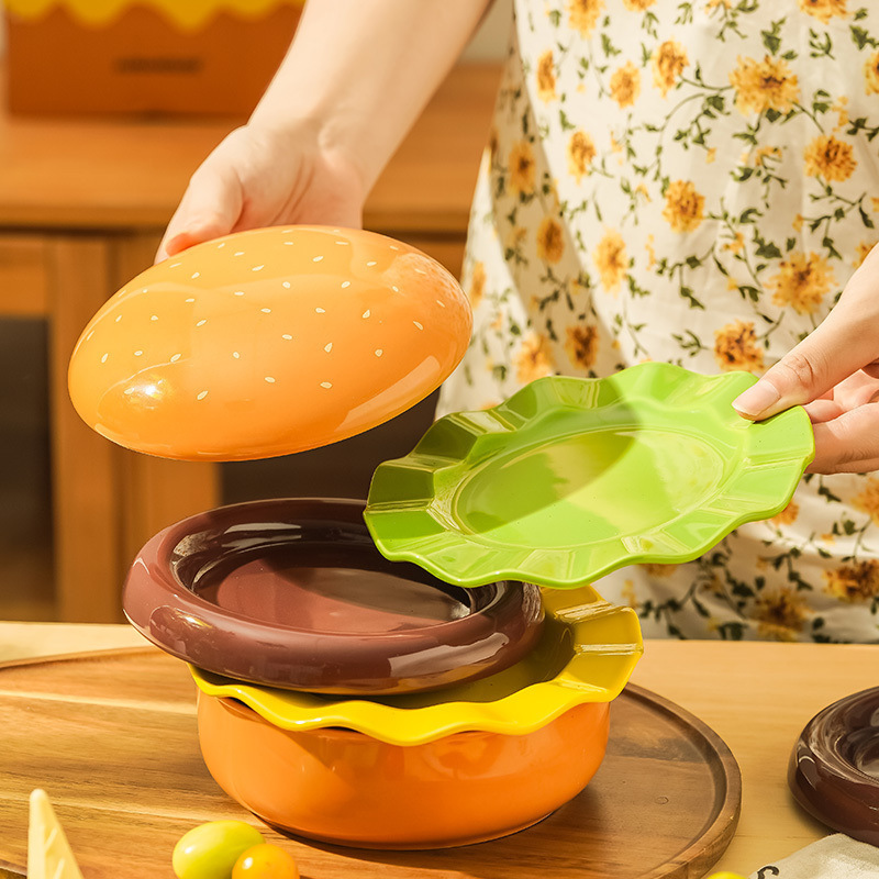 Ceramic tableware set of plates and bowls with a hamburger shape design