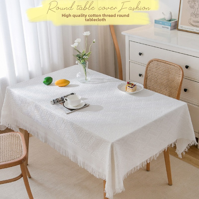 Coffee table cloth with tassels, wear-resistant tablecloth, dust-proof waffle tablecloth, round tablecloth