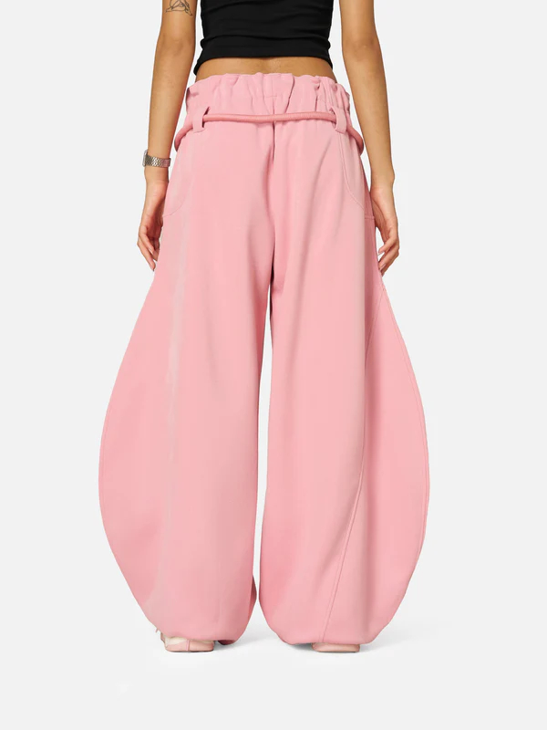 Solid color belt casual wide-leg pants