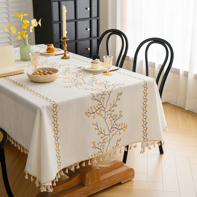 Embroidered checkered flower tassel tablecloth, rectangular coffee table cloth, dining table cloth