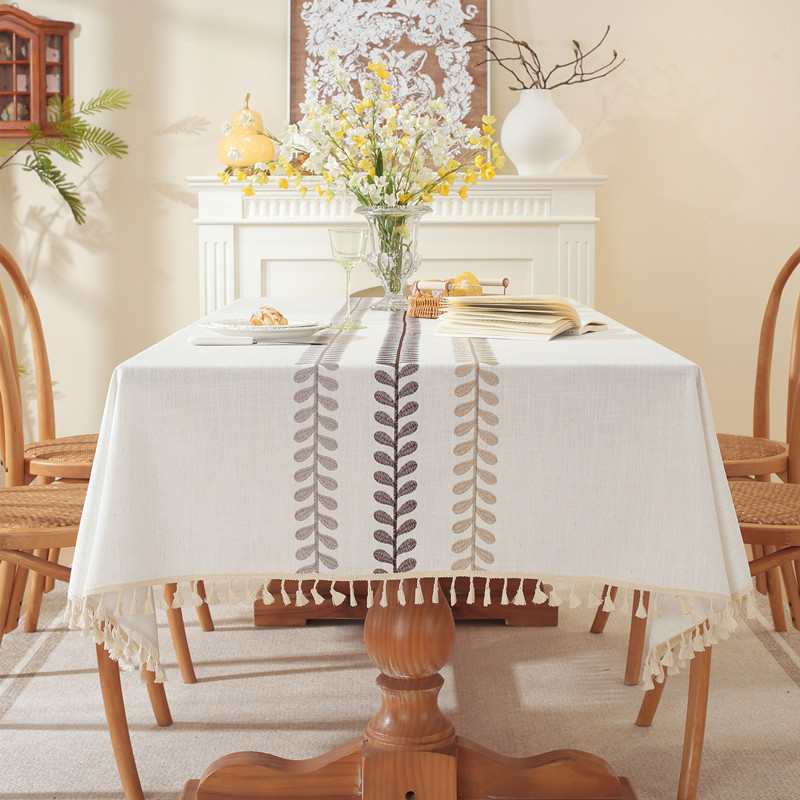 Embroidered checkered flower tassel tablecloth, rectangular coffee table cloth, dining table cloth