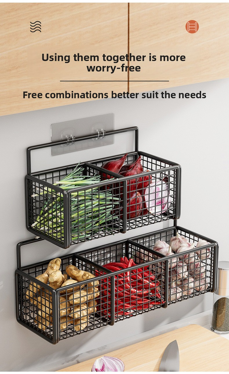 Kitchen shelf, punch-free wall-mounted condiment rack, wall-mounted vegetable basket