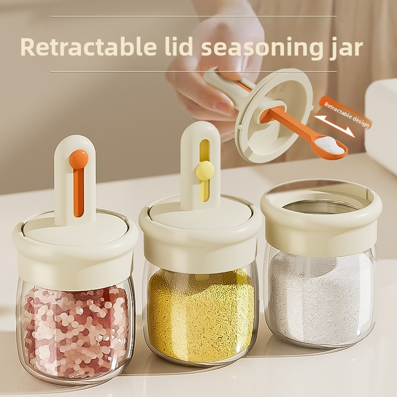 Telescopic condiment jar with integrated spoon and lid, condiment bottle