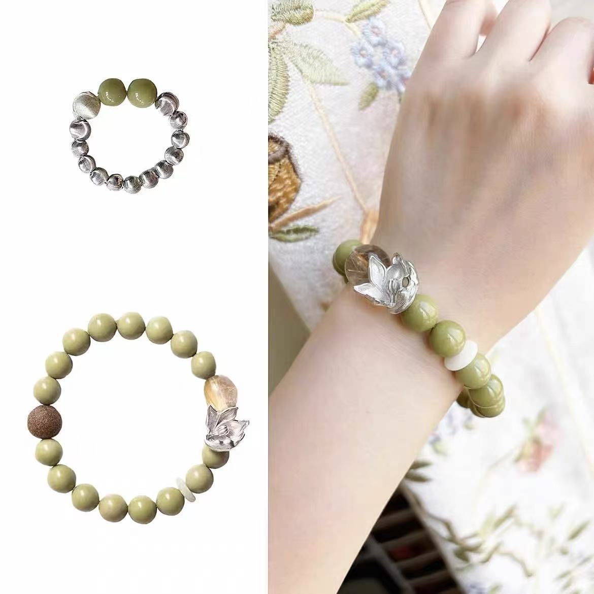 Sunrise Tibetan Incense Bead Green Bracelet and Ring Set