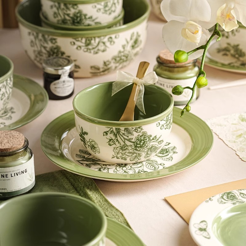 Dark Green Ceramic Bowl and Plate Set Gift Box