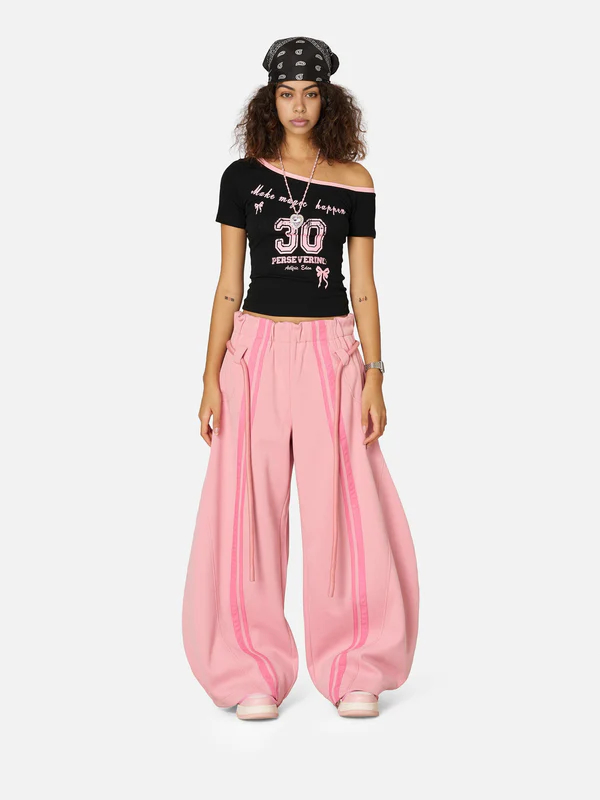 Solid color belt casual wide-leg pants