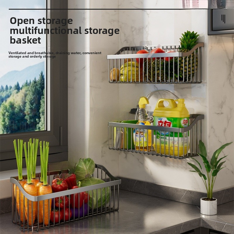Gunmetal gray kitchen shelf - a hole-free wall-mounted basket for storing green onions, ginger, and garlic