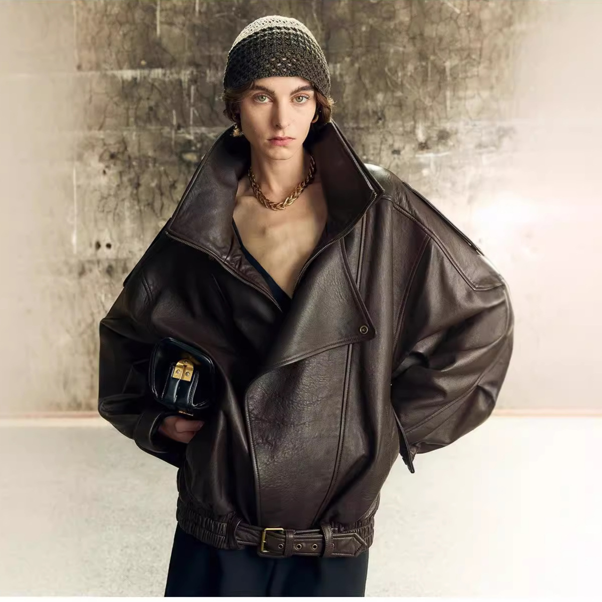 Modern double-layer collar leather jacket