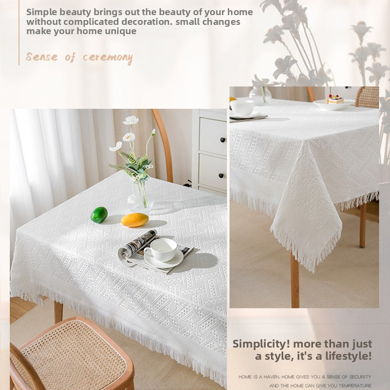 Coffee table cloth with tassels, wear-resistant tablecloth, dust-proof waffle tablecloth, round tablecloth