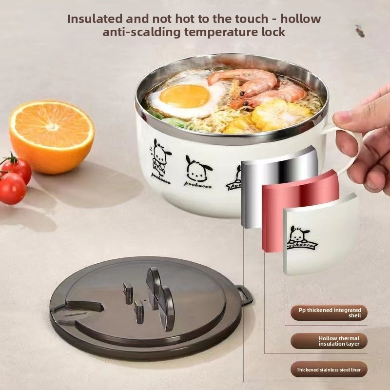 Stainless steel instant noodle bowl with lid, large capacity and drainable