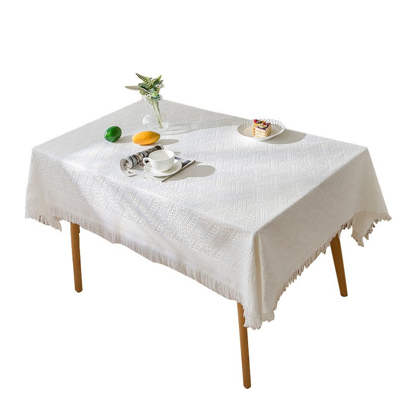 Coffee table cloth with tassels, wear-resistant tablecloth, dust-proof waffle tablecloth, round tablecloth