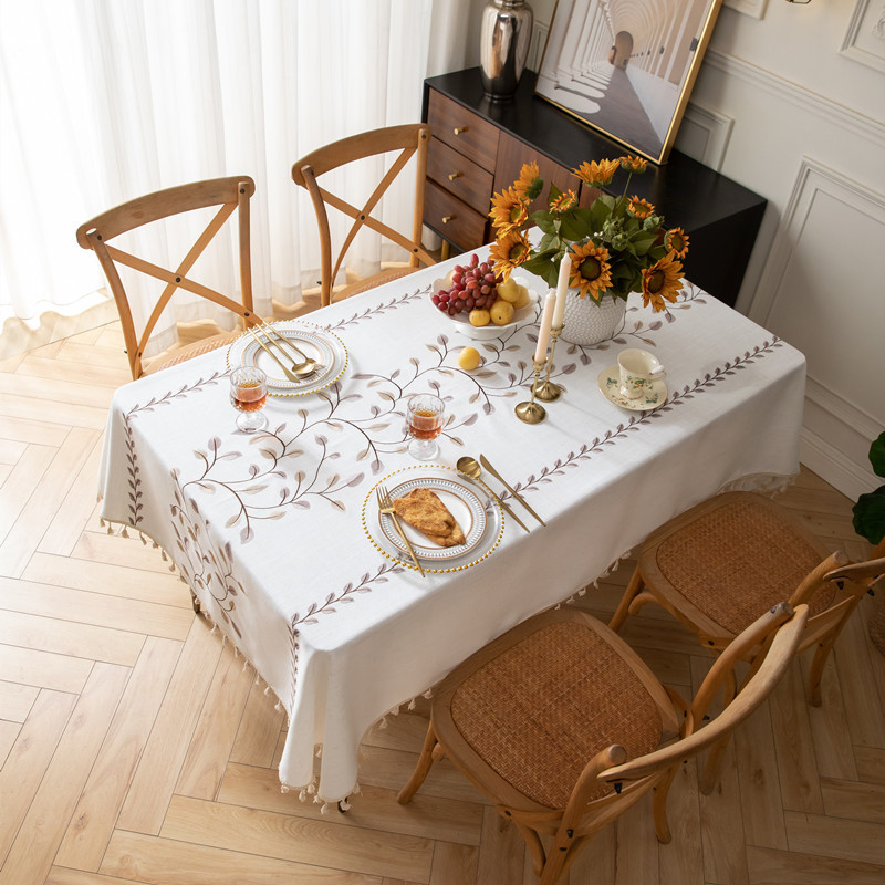 Embroidered checkered flower tassel tablecloth, rectangular coffee table cloth, dining table cloth