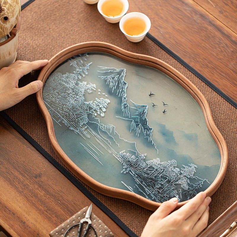 Chinese-style retro landscape ink painting style begonia flower tray