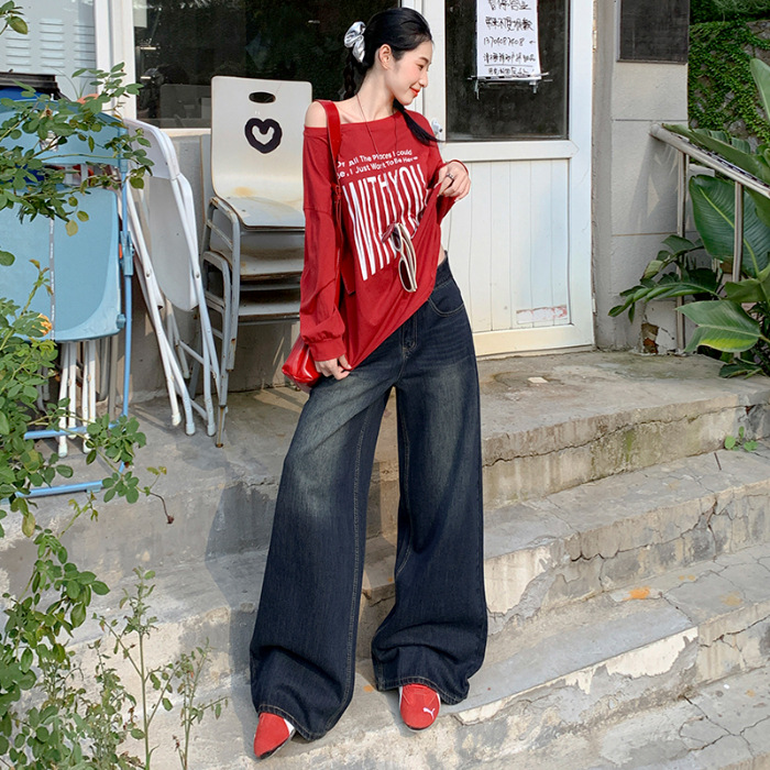 Vintage blue new high-waisted straight-leg loose wide-leg pants