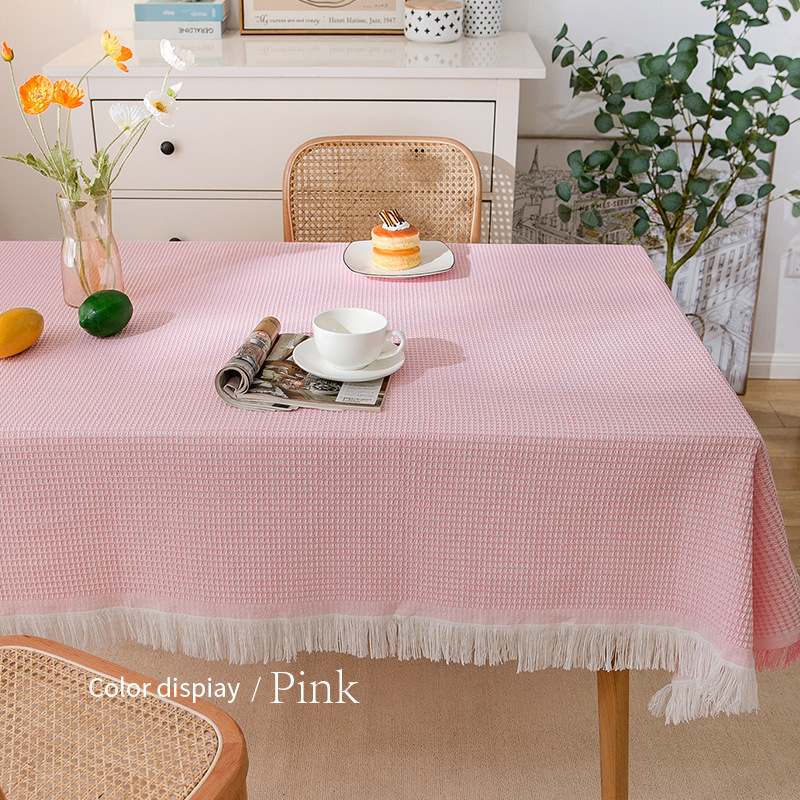 Coffee table cloth with tassels, wear-resistant tablecloth, dust-proof waffle tablecloth, round tablecloth