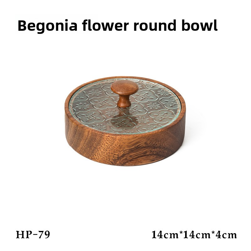 Japanese-style Begonia Glass Walnut Wood Fruit Plate