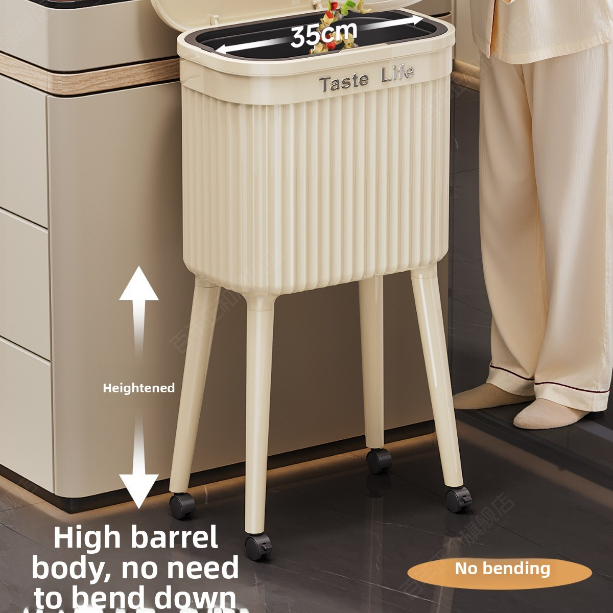 Large-capacity mobile wheeled high-foot trash can for living room, bedroom, kitchen and bathroom, no need to bend down for home use
