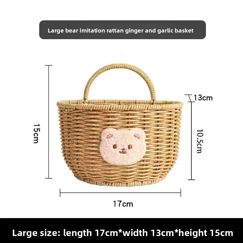 Wall-mounted rattan-like woven basket for storing green onions, ginger, and garlic in the kitchen