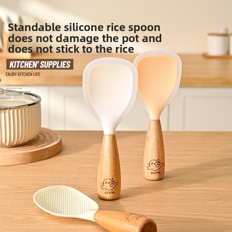 Food-grade silicone wooden handle rice spoon, non-stick rice cooker
