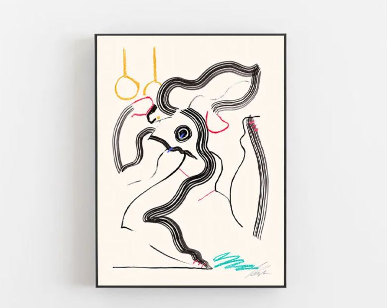 Decorative painting with recreated lines of a moving human figure