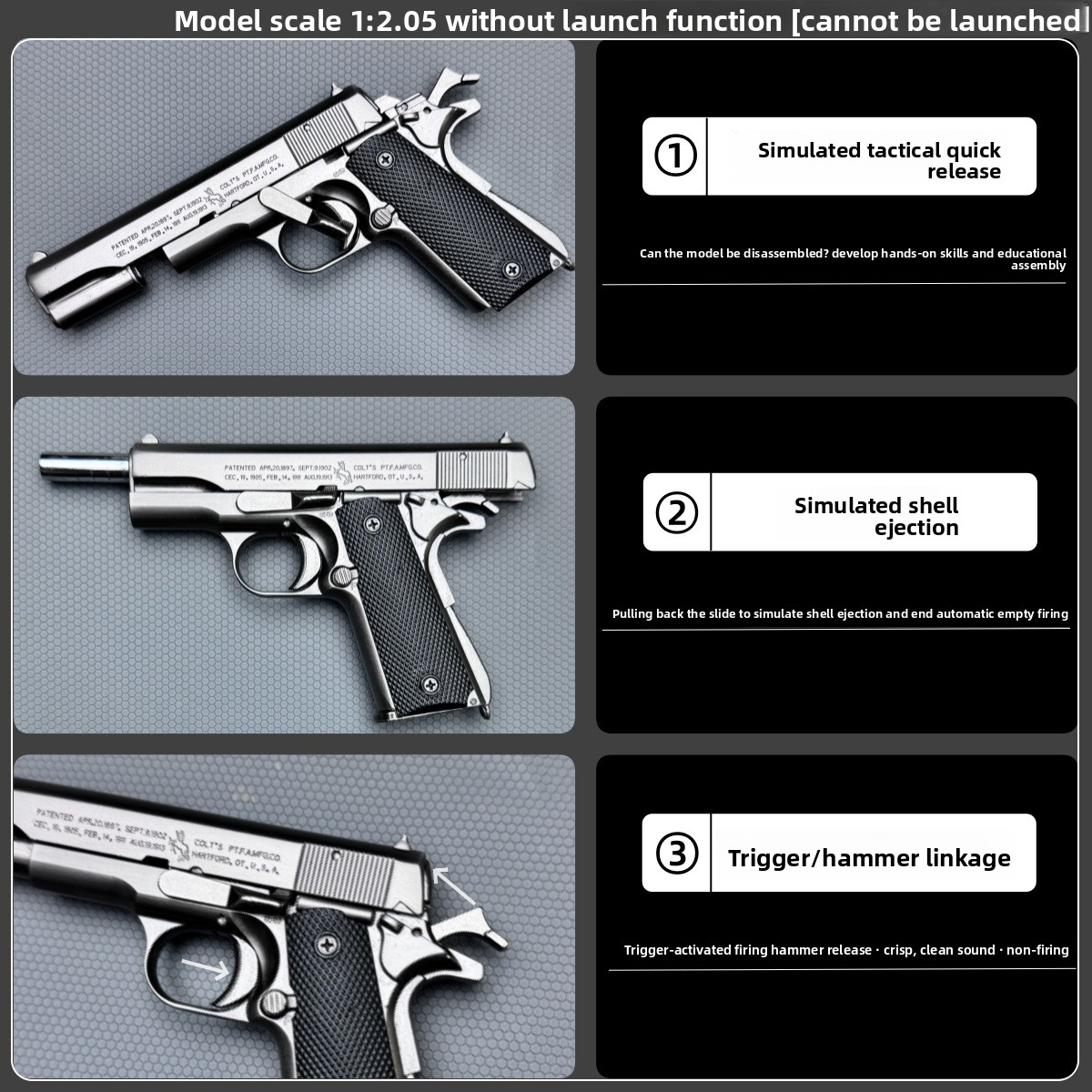 1:2.05 Teaching Aid M1911 All-Metal Children's Toy Gun Model, Shell-Ejecting Alloy Pistol, Non-Firing