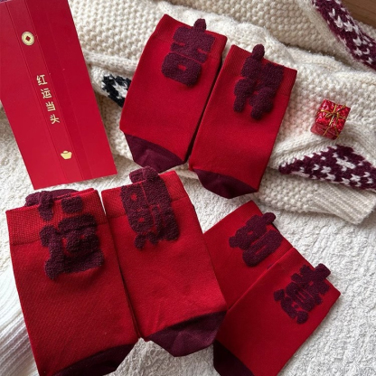 New Year Prosperity Good Luck Red Socks~2025 Zodiac Year Wealth Cotton Socks Autumn Winter Women Personality AB 3D Letters