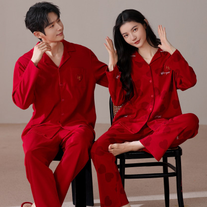 Pure Cotton Long Sleeve Cardigan Red Comfortable Wedding Pajamas for Women Home Wear
