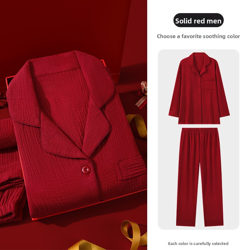 Red Set Pajamas Men and Women Skin Friendly Soft Combed Cotton Home Clothes