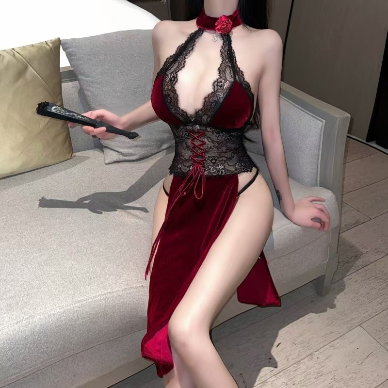 Sexy Lingerie Sexy Women's Pajamas Hollow Backless Lace Cheongsam Easy to Take off Private Room Nightdress 