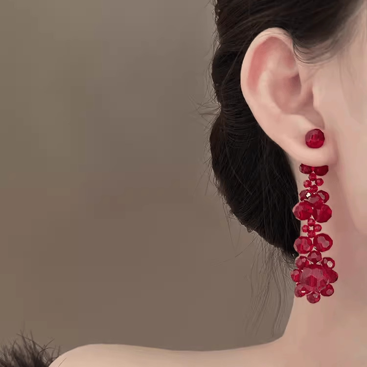 Red Tassel Earrings Women's Beaded Flower Earrings