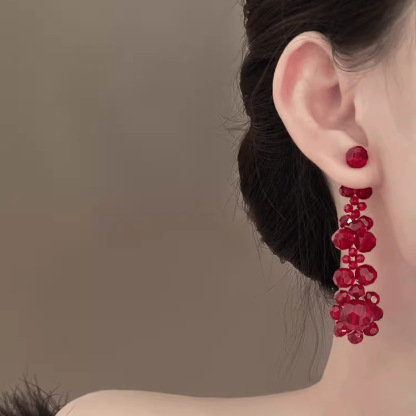 Red Tassel Earrings Women's Beaded Flower Earrings