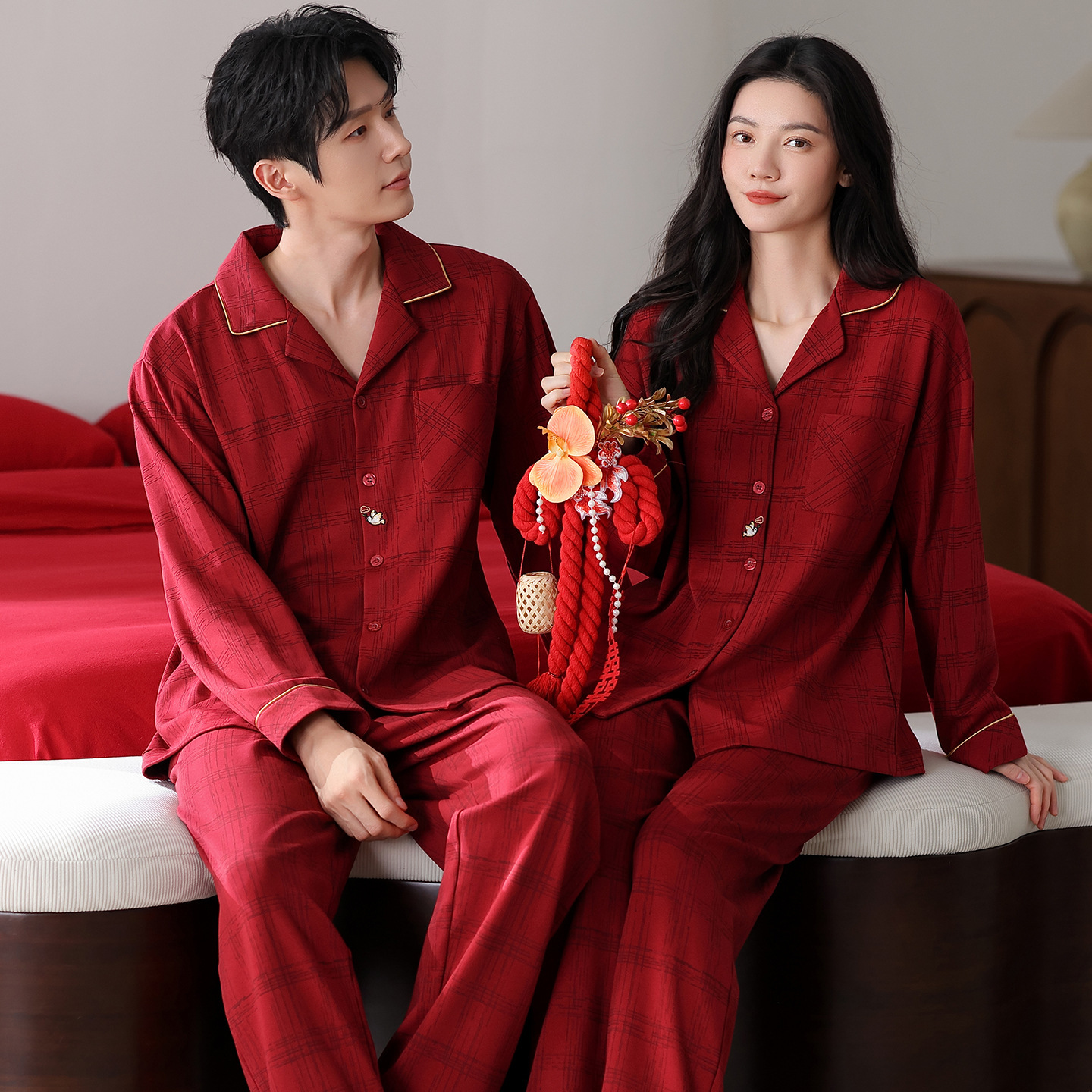 Pure Cotton Long Sleeve Cardigan Red Comfortable Wedding Pajamas for Women Home Wear