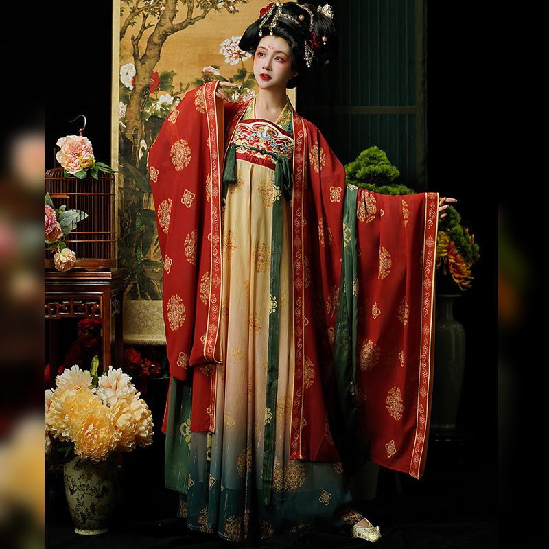 Tang Dynasty Embroidery Restoration Style Chest-High Long Sleeve Shirt with Ripped Skirt