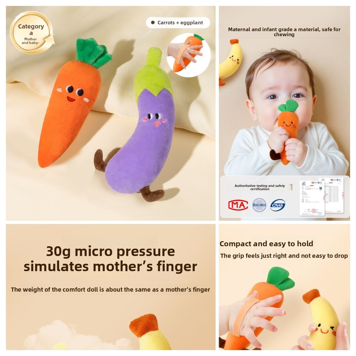 Anti-startle Hand-Held Carrot Ring Baby Soothing Doll, Baby Sleep Aid, Chewable Plush Toy, Class A