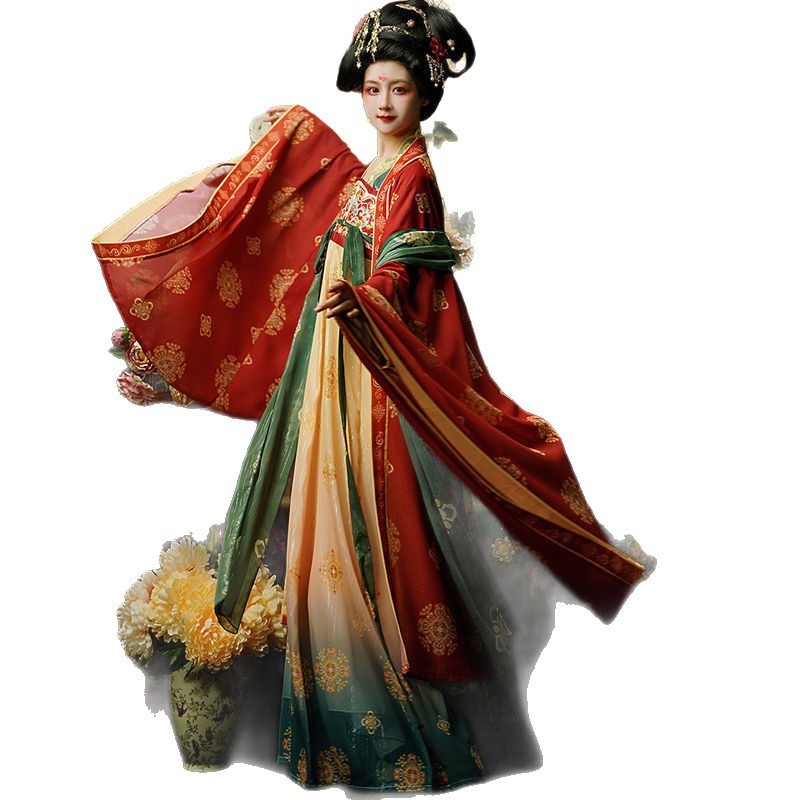 Tang Dynasty Embroidery Restoration Style Chest-High Long Sleeve Shirt with Ripped Skirt