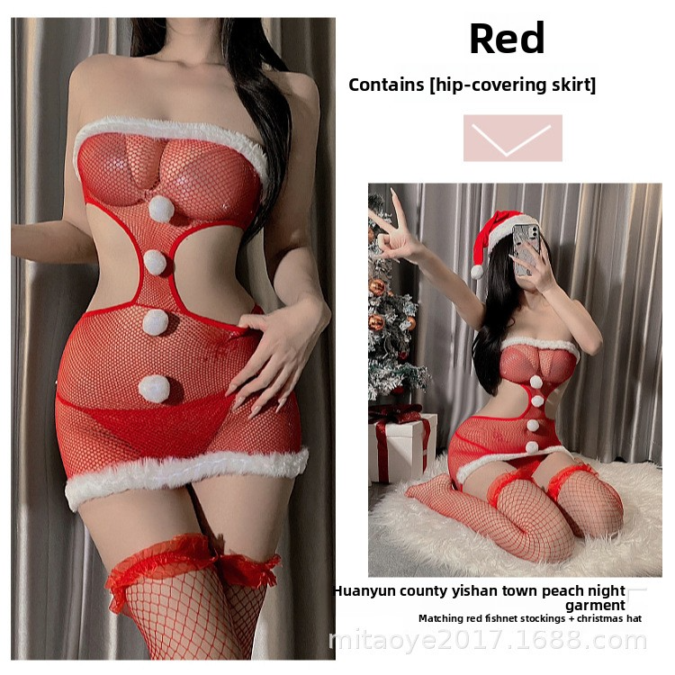 Sexy Red Plush Christmas Dress with Bowknot