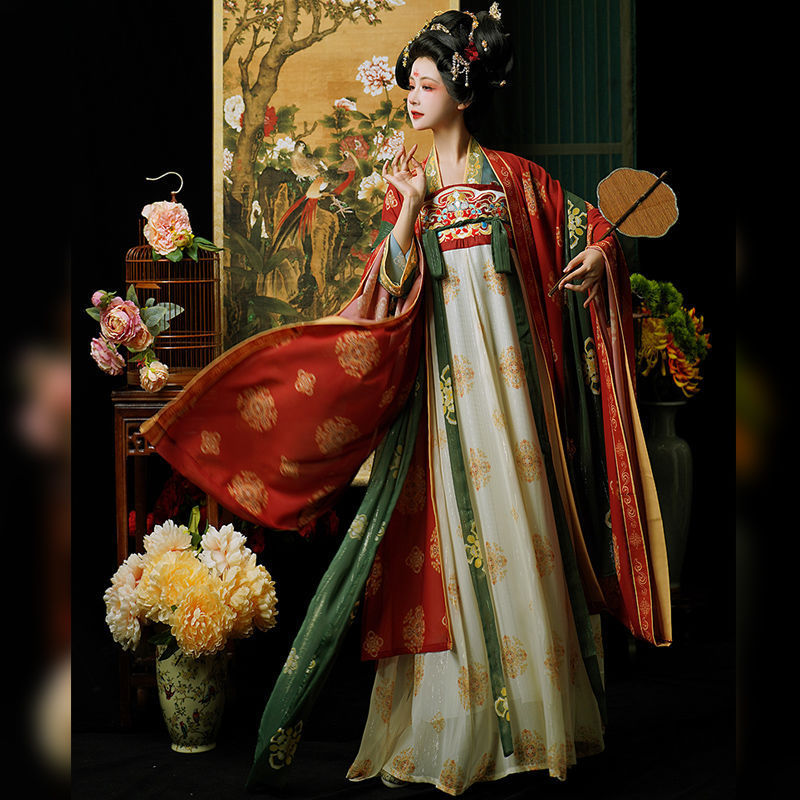 Tang Dynasty Embroidery Restoration Style Chest-High Long Sleeve Shirt with Ripped Skirt