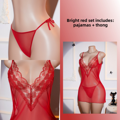 Women's Red Lingerie Set Sexy Thin Lace Trim Transparent 
