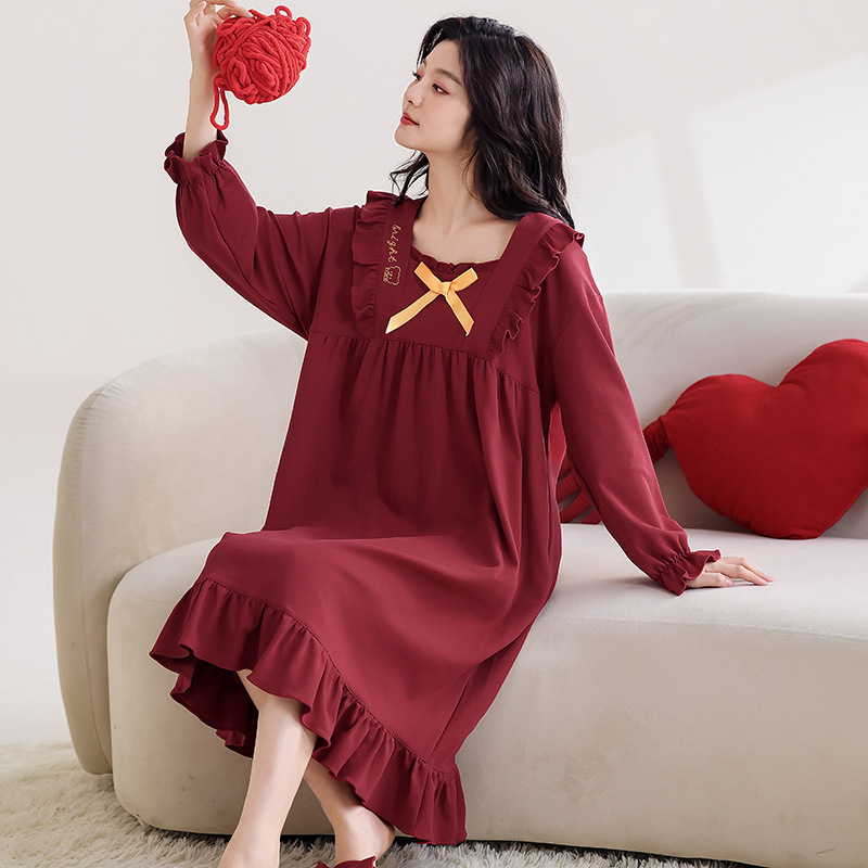 Red Nightdress for Women Long Sleeve Pure Cotton Zodiac Year