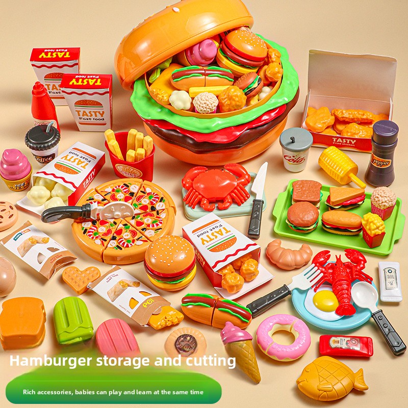 Children's Cutting Play Hamburger Storage Set - Baby's Simulation Fruits and Vegetables Pretend Play Toy, Peelable, for Girls