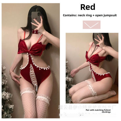 Sexy Red Plush Christmas Dress with Bowknot